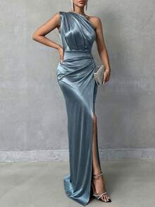 Woman Satin Fabric Elegant Maxi Length Party Dress - Mint Green - View 5