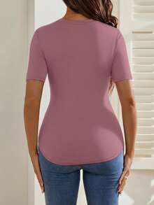 SHEIN Camiseta de manga corta con cuello redondo, estampado de dibujos animados lindo y casual para maternidad, verano - Rosa - Ver 2