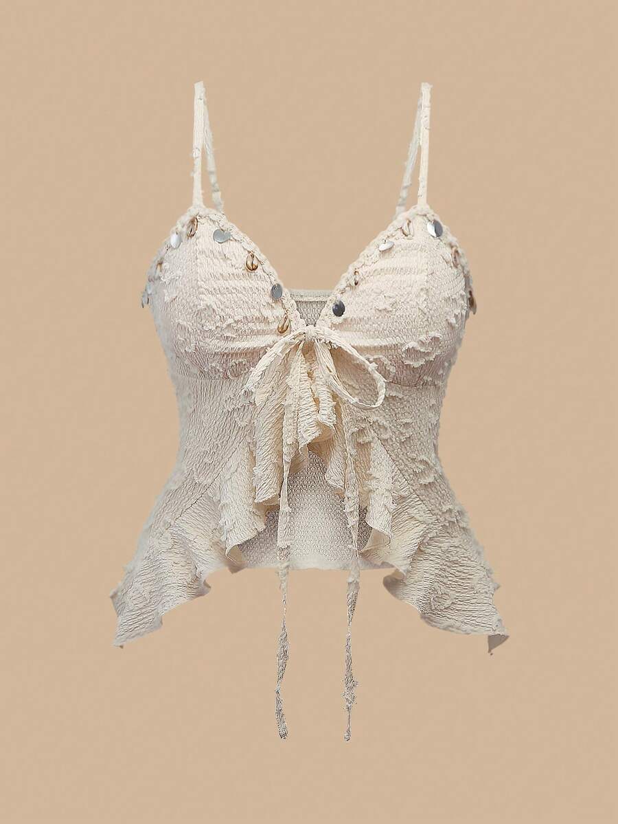 Travachic Canotta estiva da donna con volant, pendente decorativo e lacci, adatta per primavera-estate, San Valentino, costumi di carnevale, elegante per feste, spiaggia, matrimoni, vacanze estive, casual - Albicocca - Visualizzare 1