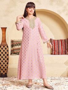 SHEIN رمضان Tween Girls' Casual Graphic Long Sleeve جلابيه  Dress الملابس التقليدية العربية