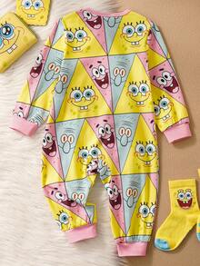 SpongeBob SquarePants | SHEIN 男婴卡通图案圆领长袖连体睡衣 - 藕粉色 - 查看 2