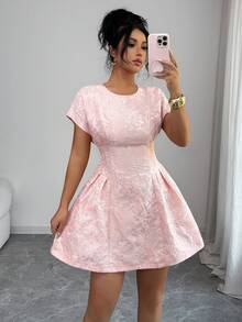 Elenzga 女士优雅提花短袖收腰短连衣裙，夏季 - 粉色 - 查看 3