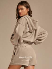 GLOWMODE Chill Ready 柔软保暖罗纹口袋腰长超大版型棉质羊毛混纺连帽运动衫秋冬户外日常休闲 - 杏色 - 查看 2