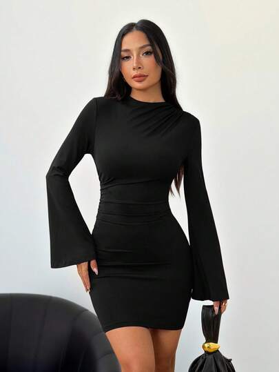 SHEIN PETITE Women's Mock Neck Ruched Fitted Mini Flare Long Sleeve Dress, Suitable For Autumn/Winter, Wear As Base Layer Or Outfit For Outings, Daily,Business Casual Woman