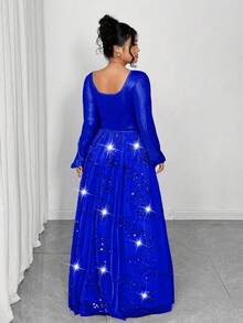 Elenzga Plus Size Women's Elegant Party Dress, V-Neck Sequin Mesh Patchwork Flared Hem Waist Cinched Solid Color Long Sleeve Evening Dress Royal Blue Shimmer Royal Blue Dress Plus Size Evening Gown Evening Gown Plus Size Royal Blue Dress Sequin Dress