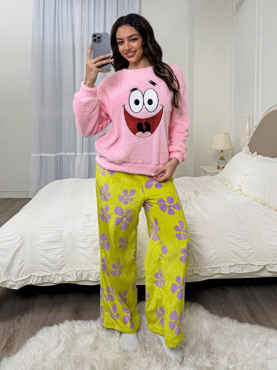 SpongeBob SquarePants | SHEIN Women's Winter Cartoon Embroidery Drop Shoulder Teddy Top & Pants Pajama Set, Fall Clothes - Pink - View 1