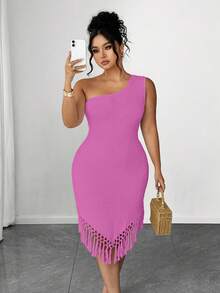 Elenzga Plus Size Women Cerise Pink Summer 70's Night Party Boho Asymmetrical Hem Sleeveless One Shoulder Crochet Fringe Bodycon Dress Beach Vacation Outfit - Red Violet - View 1