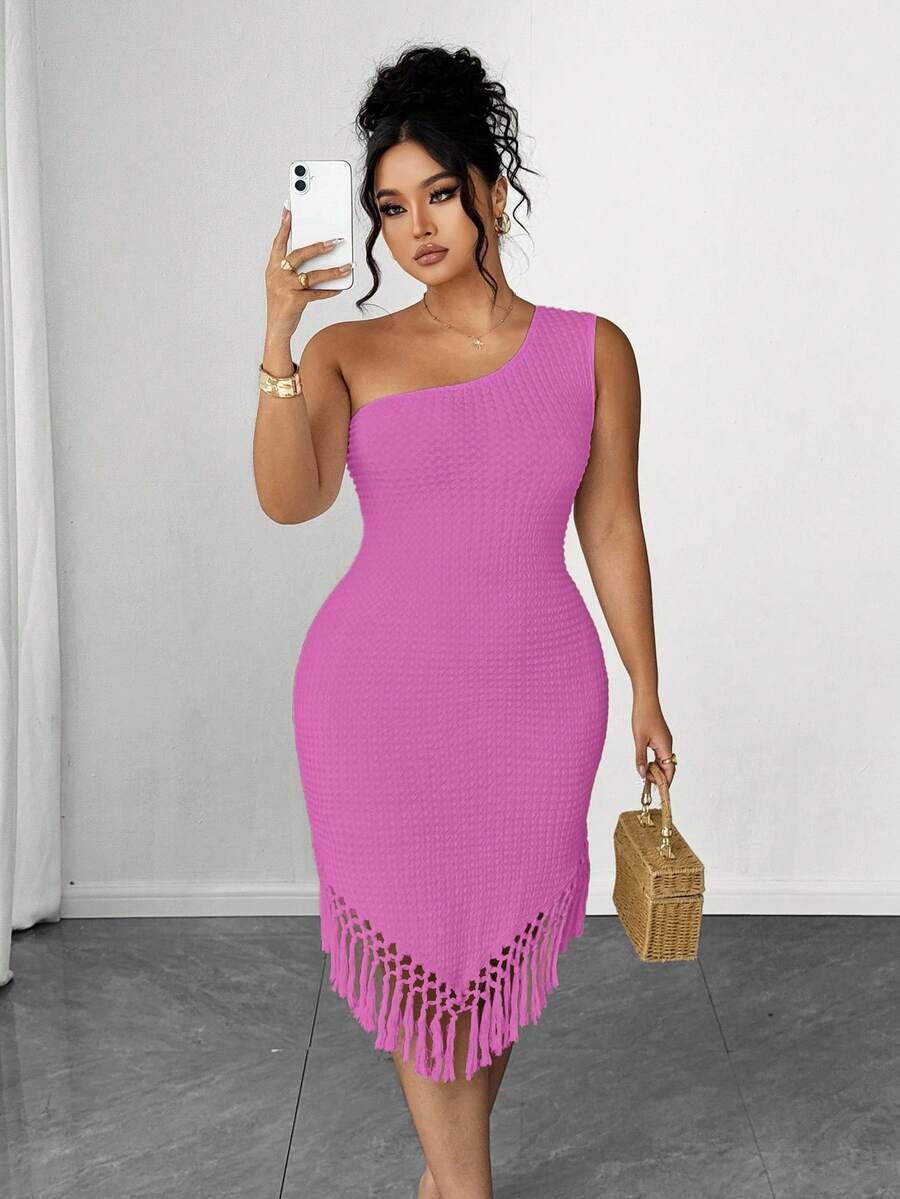 Elenzga Plus Size Women Cerise Pink Summer 70's Night Party Boho Asymmetrical Hem Sleeveless One Shoulder Crochet Fringe Bodycon Dress Beach Vacation Outfit - Red Violet - View 1