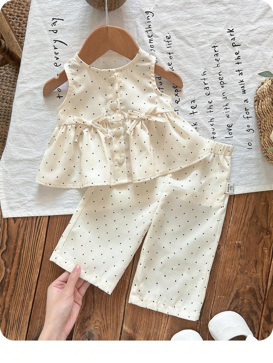 Newborn Baby Girl Cute Casual Apricot Polka Dot Ruffle Trim Vest & Elastic Waist Pants Set - Beige - View 1