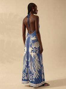 CAJUNI Đầm maxi nữ mùa hè kiểu dáng thoải mái, dây mảnh, họa tiết boho nhiệt đới, thích hợp đi biển, có dây buộc. - Màu xanh lam - Xem 2