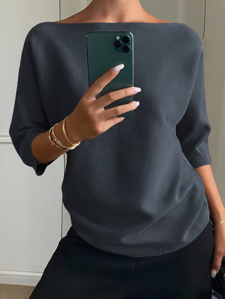 Women's Solid Color Fitted Boat Neck Half Sleeve Casual Elegant Knit Top, Autumn/Winter