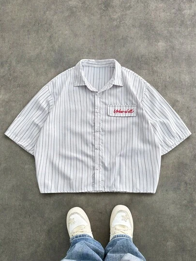 Manfinity RebelGame Men's Casual Striped Print Loose Fit Short Sleeve Shirt, Suitable For Spring And Summer