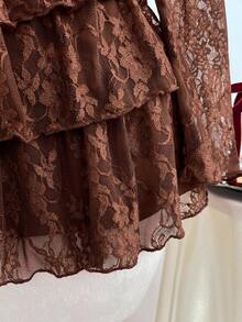 Elamini Vestido mini romántico con textura de encaje floral - Marrón - Ver 5