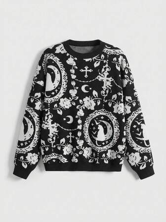 Goth Suéter de cuello redondo de talla grande con estampado de gatos y luna del palacio gótico, suéter de talla grande de Navidad de color gris oscuro para mujeres de talla grande