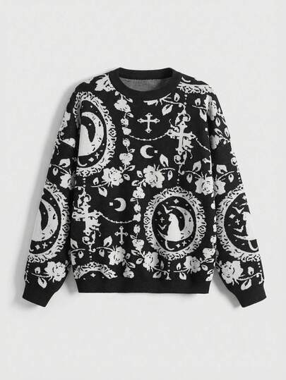 Goth Suéter de cuello redondo de talla grande con estampado de gatos y luna del palacio gótico, suéter de talla grande de Navidad de color gris oscuro para mujeres de talla grande