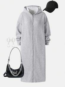 SHEIN ChillGRL Teens/Youth (Female) Casual All-Match Versatile Daily Wear & Activewear Hooded Zip-Up Long Knit Jacquard Cardigan, Autumn/Winter - Grey - View 5