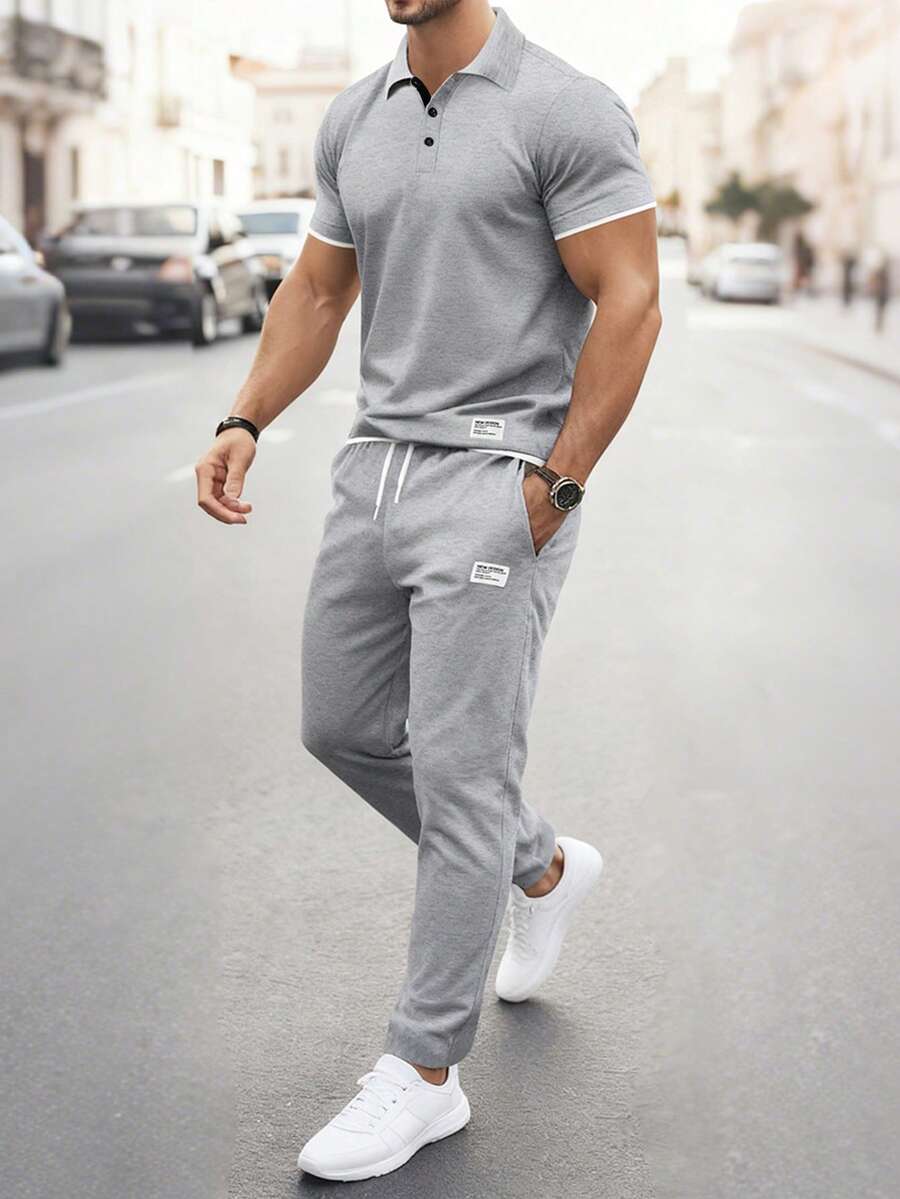 Manfinity Homme 男士撞色二合一短袖Polo衫套装，适合居家及户外穿着，男士夏季运动服，男士慢跑服，男士休闲套装，男士夏季套装，男士夏季裤装套装，复古风格，日常休闲，周末旅行，户外活动，探险旅行，轻松的工作环境或半正式场合，男友/丈夫礼物，周年纪念/生日礼物，派对，暑假，新年，婚礼，情人节 - 灰色 - 查看 1