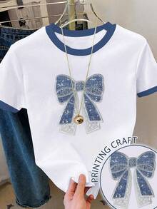 Resyla Áo thun nữ thêu hình bướm có họa tiết denim, trang trí nơ đính hạt thủ công - trắng - Xem 3