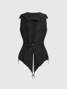 ROMWE Gothic Palace Style Halloween Bat Collar Hem Cross Decor Women Fitted Vest Jacket - Black - View 2