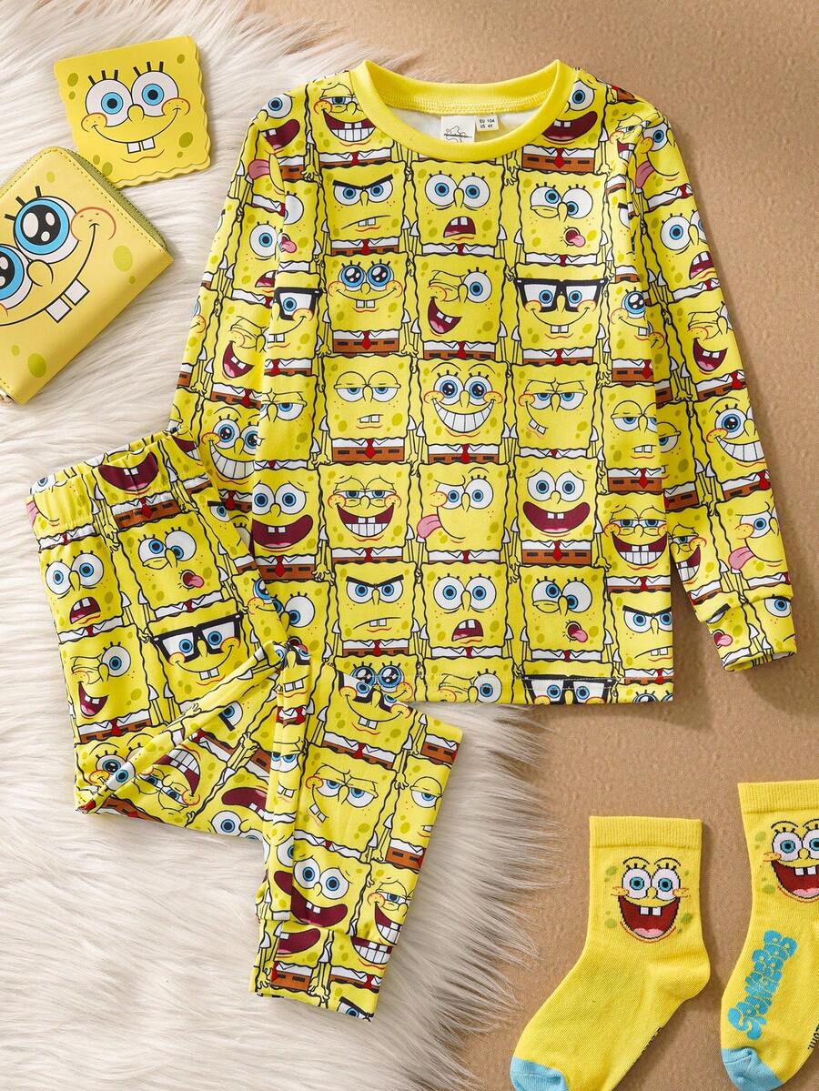 SpongeBob SquarePants | SHEIN Conjunto de pijama de pantalón y top de manga larga con estampado de dibujos animados para niño, otoño/primavera - Amarillo - Ver 1