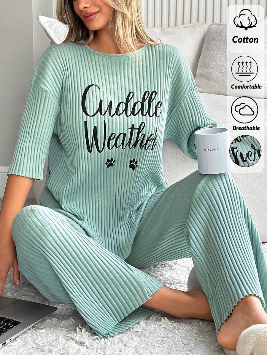 EURMUSE Women's Cuddle Weather Ribbed Short Sleeve Lounge Set – Soft Edition, Stay Cozy Lounge Set - Green - View 1