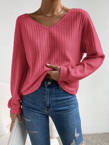 SHEIN Frenchy 女士纯色斜肩长袖扭背罗纹休闲长袖T恤 - 紅色 - 查看 4