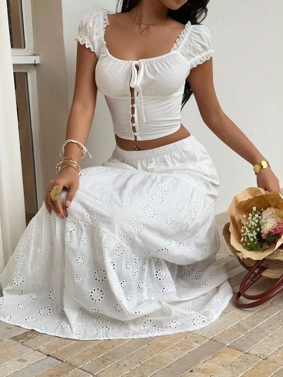 Sunnyshic 春夏时尚白色提花复古花卉拼接荷叶边短袖上衣和松紧腰A字长裙两件套女装 - 白色 - 查看 1