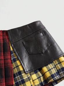 ROMWE Grunge Punk 女士不对称下摆格子拼接半身裙 - 彩色 - 查看 3