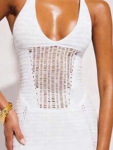 COSMINA Đầm midi nữ thanh lịch, móc len, cổ chữ V sâu, thích hợp cho kỳ nghỉ. - trắng - Xem 7