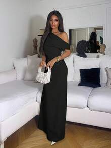 Ronhire Elegant Asymmetric Shoulder Ruffled Cinched Waist A-Line Long Solid Dress, Minimalist Work Wear, Beige,Summer Dresses For Women - Black - View 4