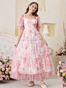 SHEIN 少女碎花雪纺泡泡袖优雅连衣裙 - 粉色 - 查看 5