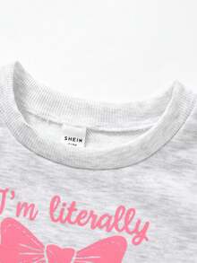 JNSQ 2pcs/Set Young Girls' Round Neck Short Sleeve Sweatshirt With Bow Print & Sweatpants, Spring/Summer - Light Grey - View 3