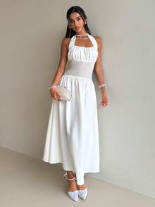 Aloruh Robe de plage, de vacances ou de rendez-vous élégante pour femmes, en tissu texturé blanc, avec un col ras-du-cou froncé et une taille attachée - Blanc - Voir 7