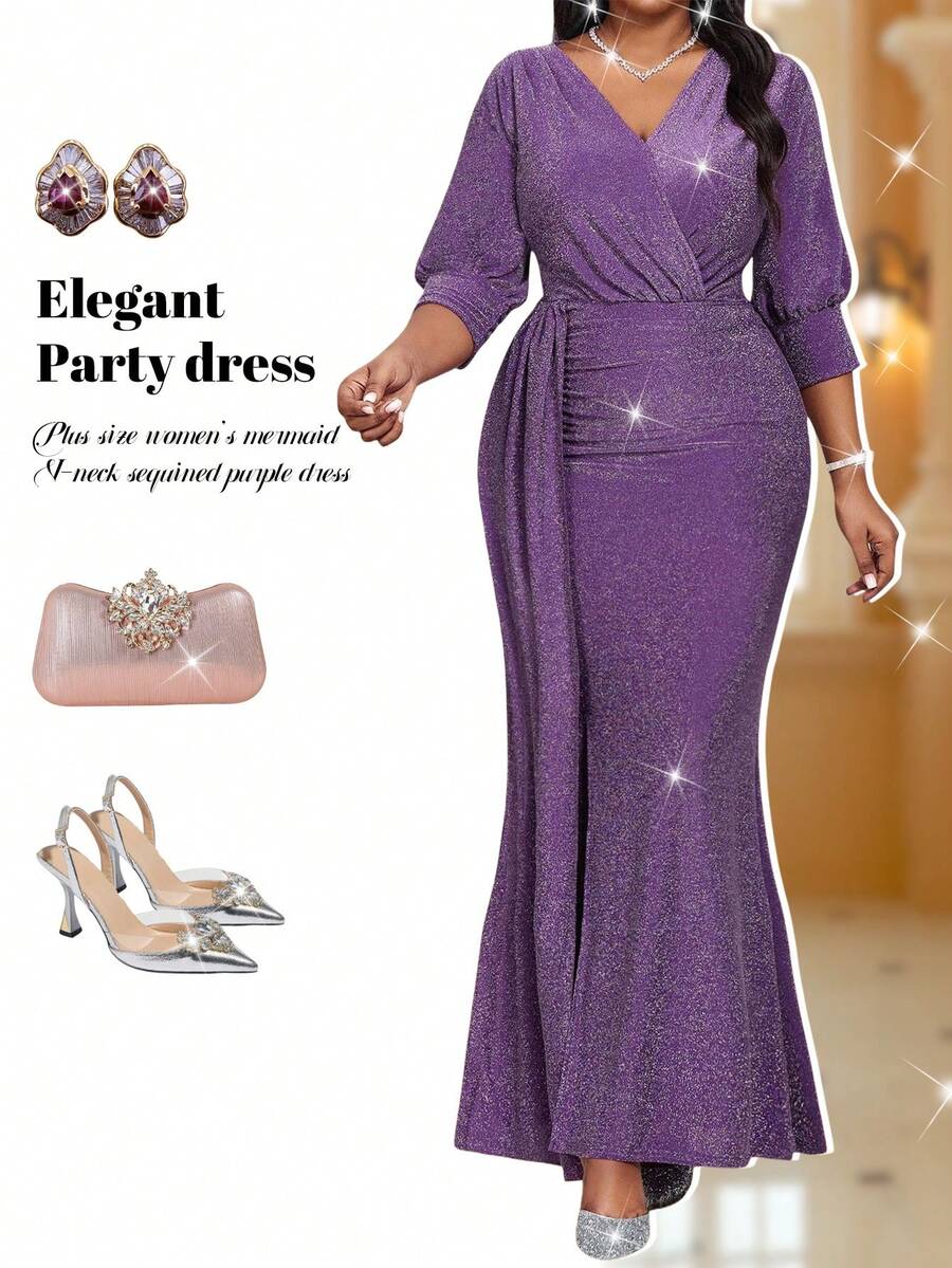 Fleurora 大码女式优雅 V 领修身紫色长裙，适合派对冬装女式新年女装舞会礼服女士优雅派对礼服曲线派对礼服长款派对礼服闪光礼服紫色礼服