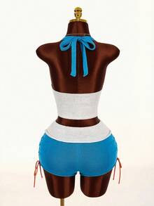 Amplova Conjunto de 2 peças com top de decote halter de tricô com flor 3D em contraste de cor e shorts de tricô de cintura baixa, novo em 2026 - Multicolorido - Visão 5