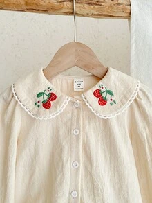 LMoss Kids 女童纯色彼得潘领刺绣休闲衬衫 - 米色 - 查看 4