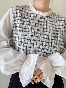 FRIFUL 女士时尚通勤格子拼接二合一长袖衬衫 - 白色 - 查看 5