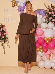 Loomaby 2pcs Maternity Elegant Party Solid Color Asymmetric Neck Top And Skirt Set Dress Gender Reveal Dress Maternity Dress Baby Shower Dress Brown Maternity Dress Long Brown Dress Pregnancy Dress For Photoshoot Chocolate Brown Dress Dress For Pregnant Woman - Coffee Brown - View 3