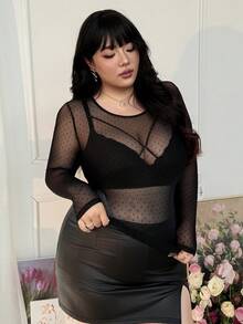 CovetEZ 大码女式时尚性感透视波点网纱上衣情人节 - 黑色 - 查看 4