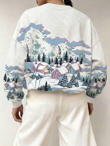 EMERY ROSE Áo sweatshirt nữ in hình phong cảnh mùa đông kỳ diệu, kiểu dáng vai rớt, tay lửng, dáng suông, thích hợp cho lễ hội hóa trang. - Nhiều màu - Xem 2