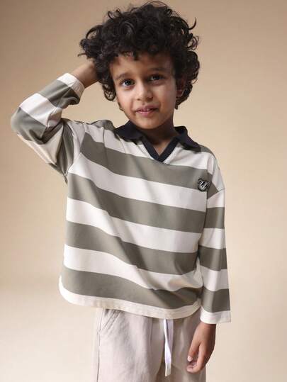 SUMWON Boys Long Sleeve Striped Polo Shirt With Teddy Bear Badge Detail Regular Fit Collared Top For Kids Casual Everyday Wear Spring Summer