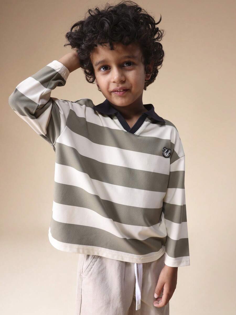 SUMWON Boys Long Sleeve Striped Polo Shirt With Teddy Bear Badge Detail Regular Fit Collared Top For Kids Casual Everyday Wear Spring Summer - Green - View 1