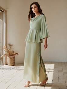 Anewsta Women's Middle Eastern Party Elegant Elegant Waist Ruffle Sleeve Straight Pleated Embroidered Light Green 2-Piece Set - Green - View 5