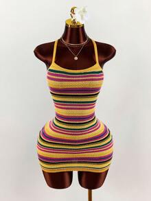 Amplova Y2K 女款黃色夏季波希米亞度假風條紋配色拼接交叉露背修身細肩帶迷你洋裝派對裙 - 彩色 - 查看 3