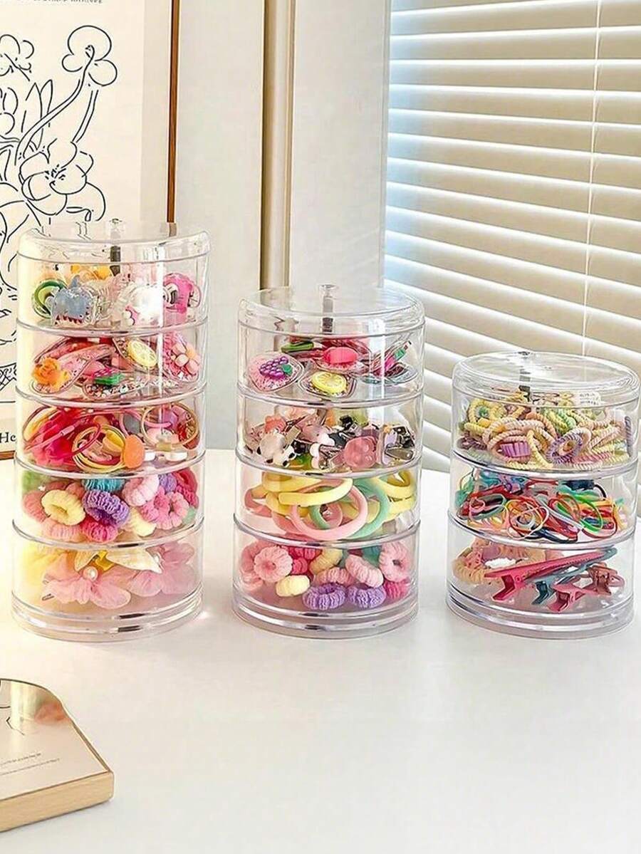 Children's Hair Accessory Storage Box Dustproof Rotating Girl Baby Hair Accessory Earrings Hair Clip Hair Clip Headband Rope Rubber Band Jewelry Box Transparent Cosmetics Desktop Storage Box Rotatable Multi-Layer Partition Ins Style Jewelry Box Hair Clip Dustproof - Clear - View 1