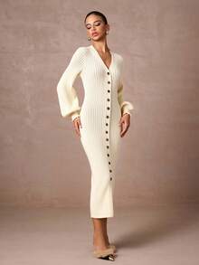 Lumalex Women's Solid Color Drop Shoulder Long Sleeve V-Neck Knitted Maxi Sweater Dress With Buttons - Apricot - View 5