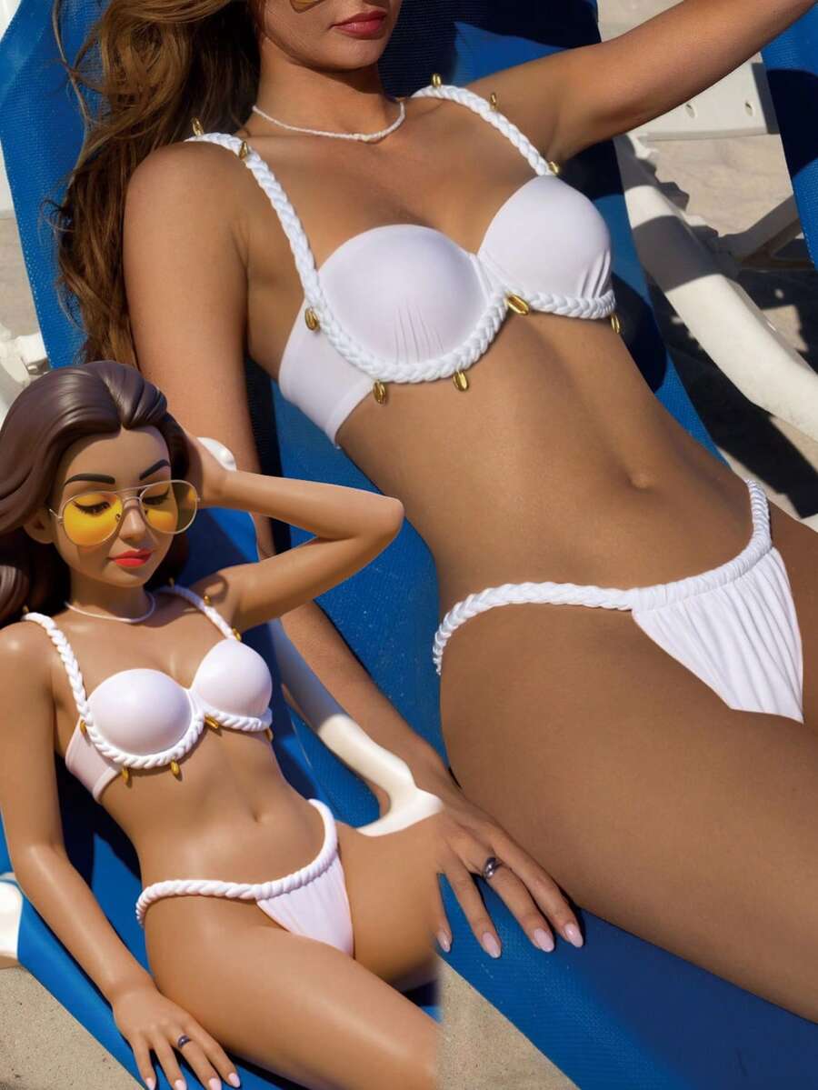 Swim Vcay Women's Solid Color Braided Two-Piece Set - Beige - View 1