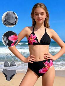 Bộ bikini in hoa dành cho thiếu nữ, thời trang và thanh lịch, thích hợp cho bơi lội, bãi biển, kỳ nghỉ hè, lễ hội Giáng sinh, năm mới, lễ tình nhân. Đồ bơi hai mảnh màu đen dành cho thiếu nữ 14 tuổi, đồ bơi hai mảnh cho thiếu nữ, bộ bikini hoa màu đen hồng dành cho thiếu nữ, bộ bikini hoa màu đen hồng dành cho thiếu nữ, bộ bikini hoa màu đen dành cho thiếu nữ, đồ bơi màu đen dành cho thiếu nữ, bộ bikini hoa dâm bụt màu đen dành cho thiếu nữ, bộ bikini màu đen dành cho thiếu nữ. - màu đen - Xem 4