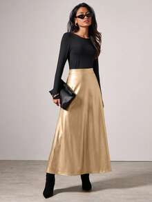 COSMINA 女士纯色简约休闲优雅长款PU皮裙，秋冬季，金色长裙，金色半身裙，情人节，派对，金色中长裙 - 香檳色 - 查看 3