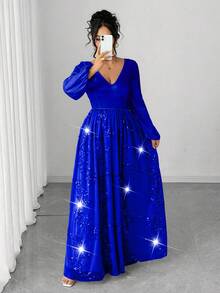 Elenzga Plus Size Women's Elegant Party Dress, V-Neck Sequin Mesh Patchwork Flared Hem Waist Cinched Solid Color Long Sleeve Evening Dress Royal Blue Shimmer Royal Blue Dress Plus Size Evening Gown Evening Gown Plus Size Royal Blue Dress Sequin Dress